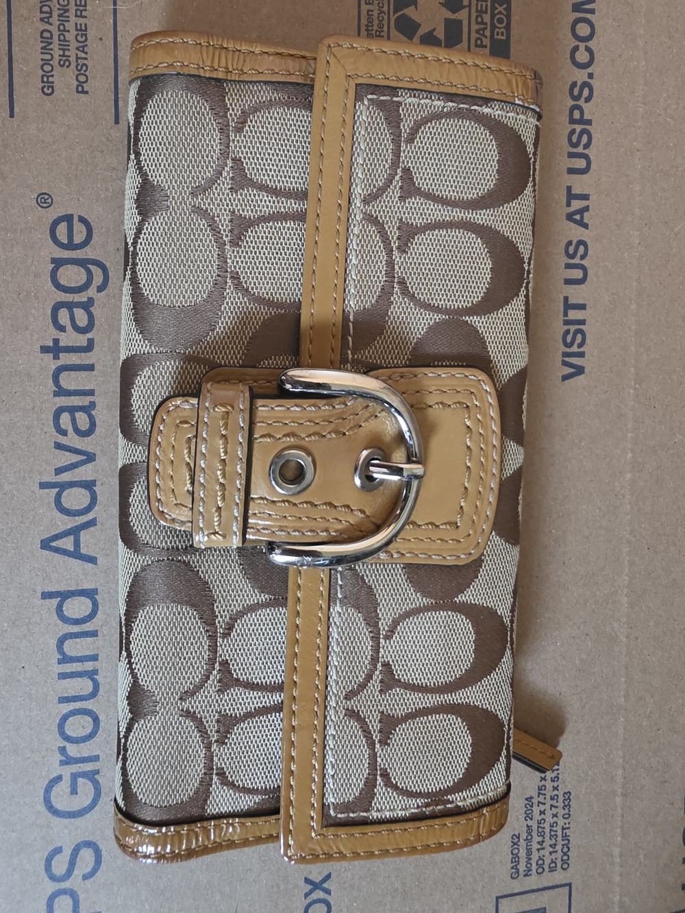 Coach Signature Monogram Buckle Wallet in Tan and Brown